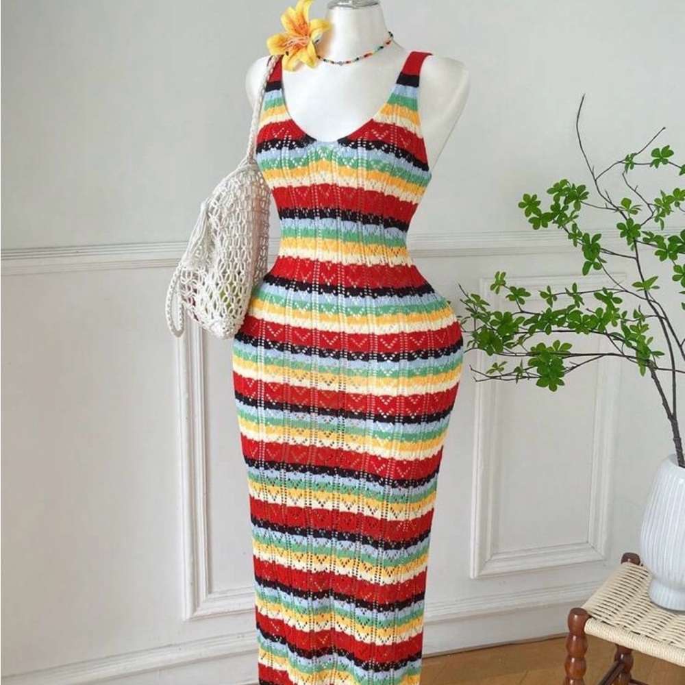 Sleeveless Multicolor Striped Knit Maxi Dress - Picture 3 of 3
